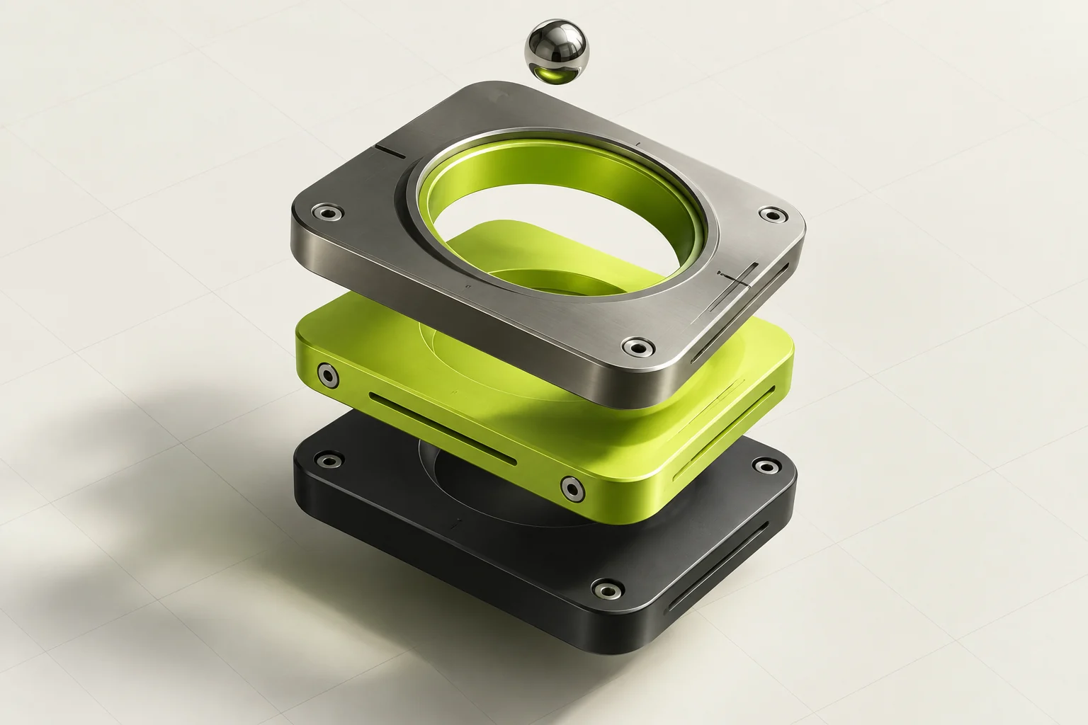 Three floating metal and acid-green modules, an original sculpture created for JIKO